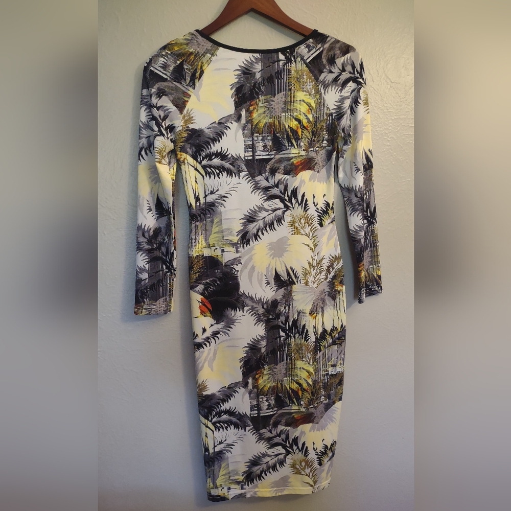 Topshop Palm Tree Cityscape Print Midi Dress With Zipper Detail Size 6